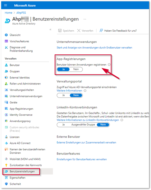 Azure Benutzereinstellungen