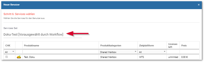 Service Set vorausgewählt durch Workflow